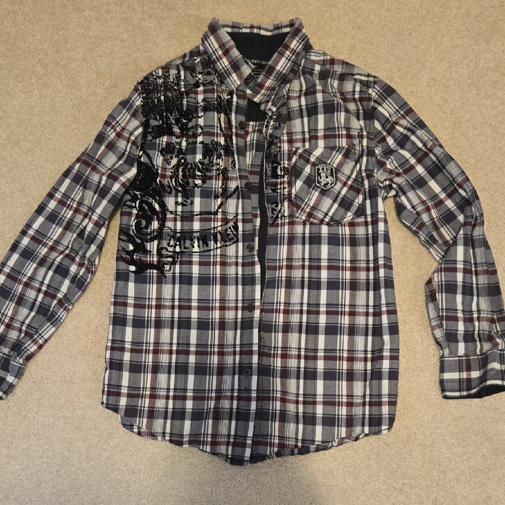 Calvin Klein Boys Medium Long Sleeve Button Down Plaid Shirt With Velvet Details